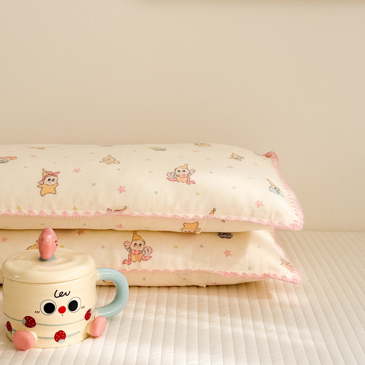 91家纺网 家纺一手货源 找家纺 呗旺鹿 2026新款A类全棉纯棉双层纱儿童枕头套纯棉枕芯内胆套 星星人