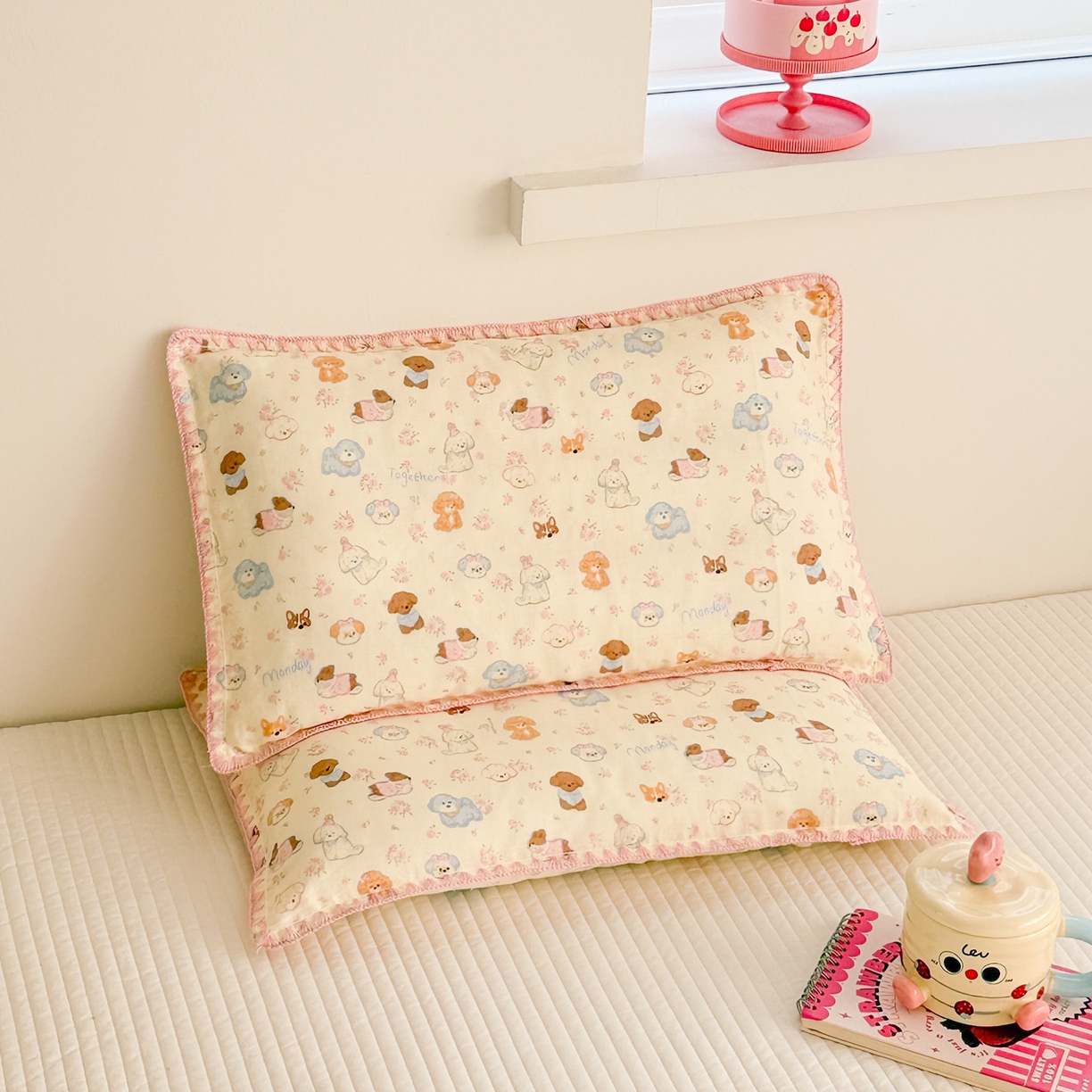 91家纺网 家纺一手货源 找家纺 呗旺鹿 2026新款A类全棉纯棉双层纱儿童枕头套纯棉枕芯内胆套 泡芙狗