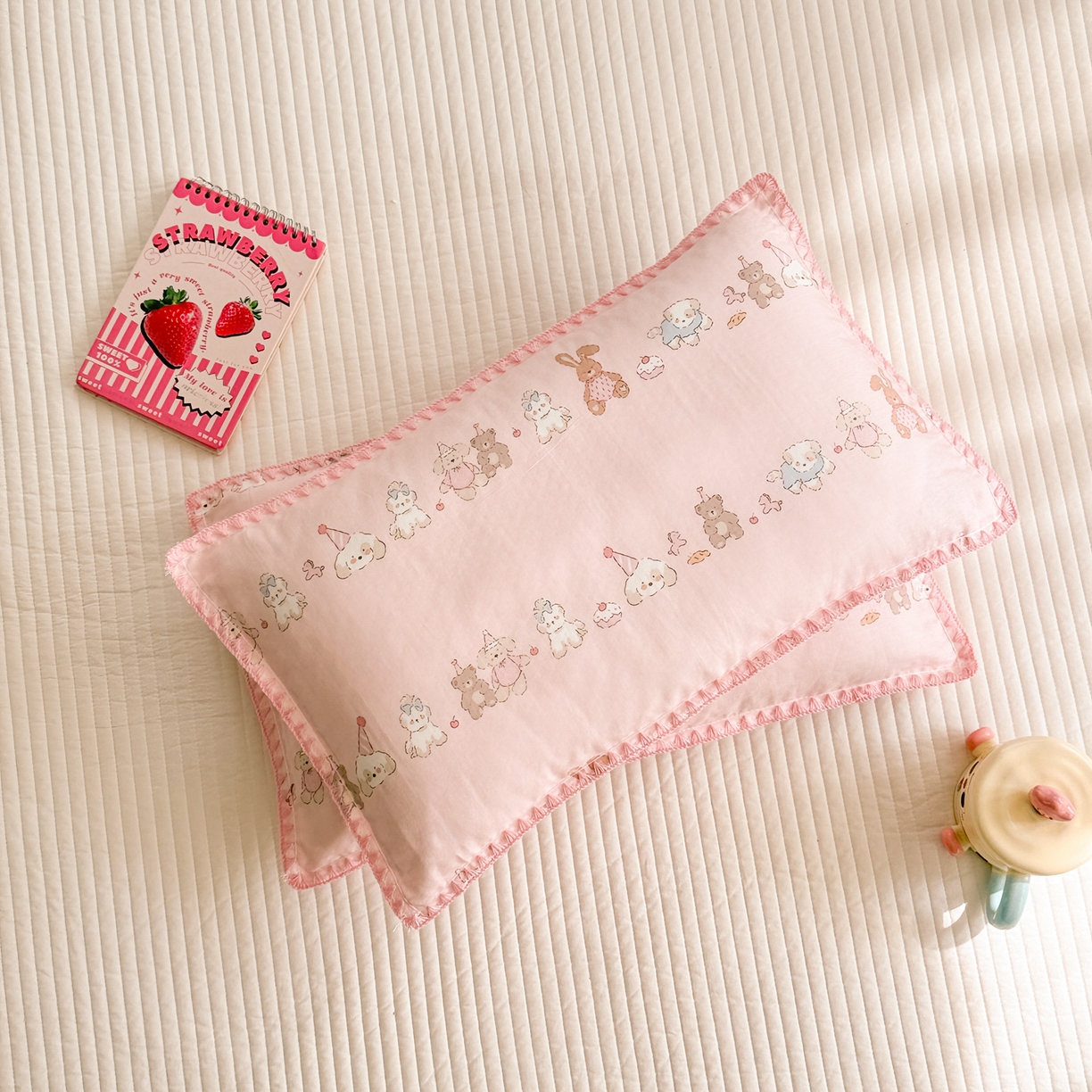 91家纺网 家纺一手货源 找家纺 呗旺鹿 2026新款A类全棉纯棉双层纱儿童枕头套纯棉枕芯内胆套 萌萌动物园粉