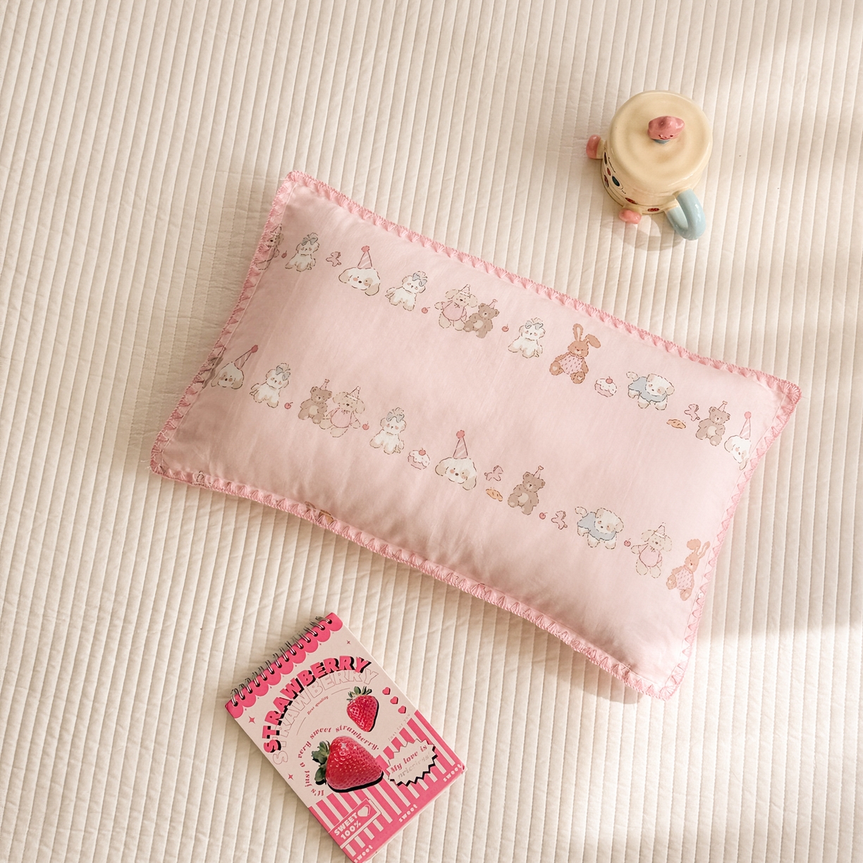 91家纺网 家纺一手货源 找家纺 呗旺鹿 2026新款A类全棉纯棉双层纱儿童枕头套纯棉枕芯内胆套 萌萌动物园粉