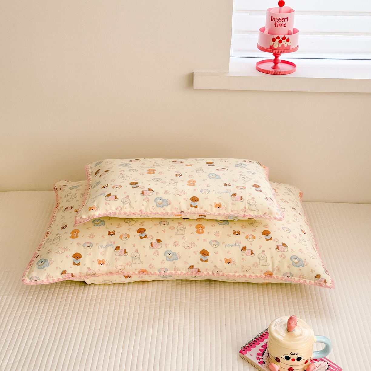 91家纺网 家纺一手货源 找家纺 呗旺鹿 2026新款A类全棉纯棉双层纱儿童枕头套纯棉枕芯内胆套 泡芙狗