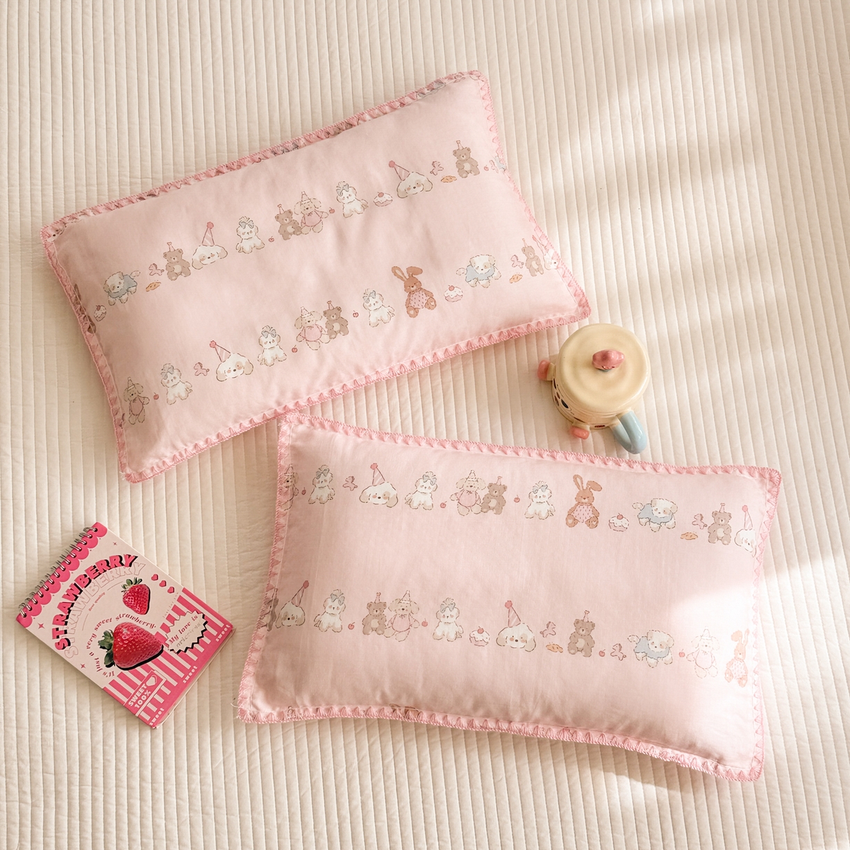 91家纺网 家纺一手货源 找家纺 呗旺鹿 2026新款A类全棉纯棉双层纱儿童枕头套纯棉枕芯内胆套 萌萌动物园粉