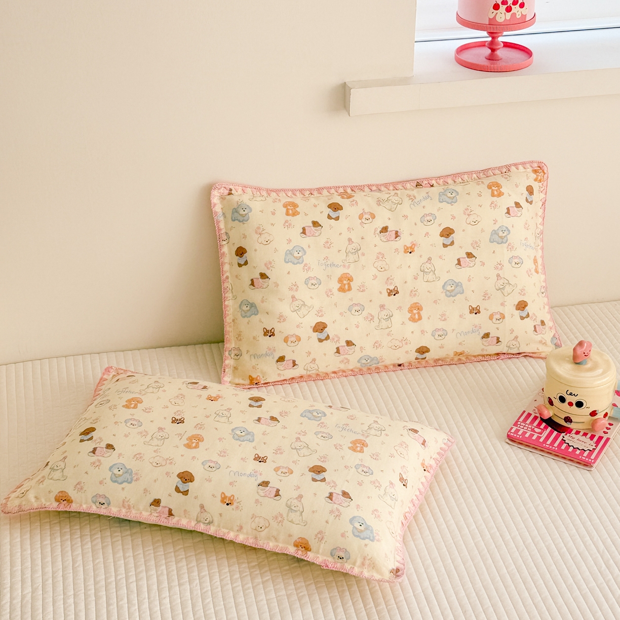 91家纺网 家纺一手货源 找家纺 呗旺鹿 2026新款A类全棉纯棉双层纱儿童枕头套纯棉枕芯内胆套 泡芙狗