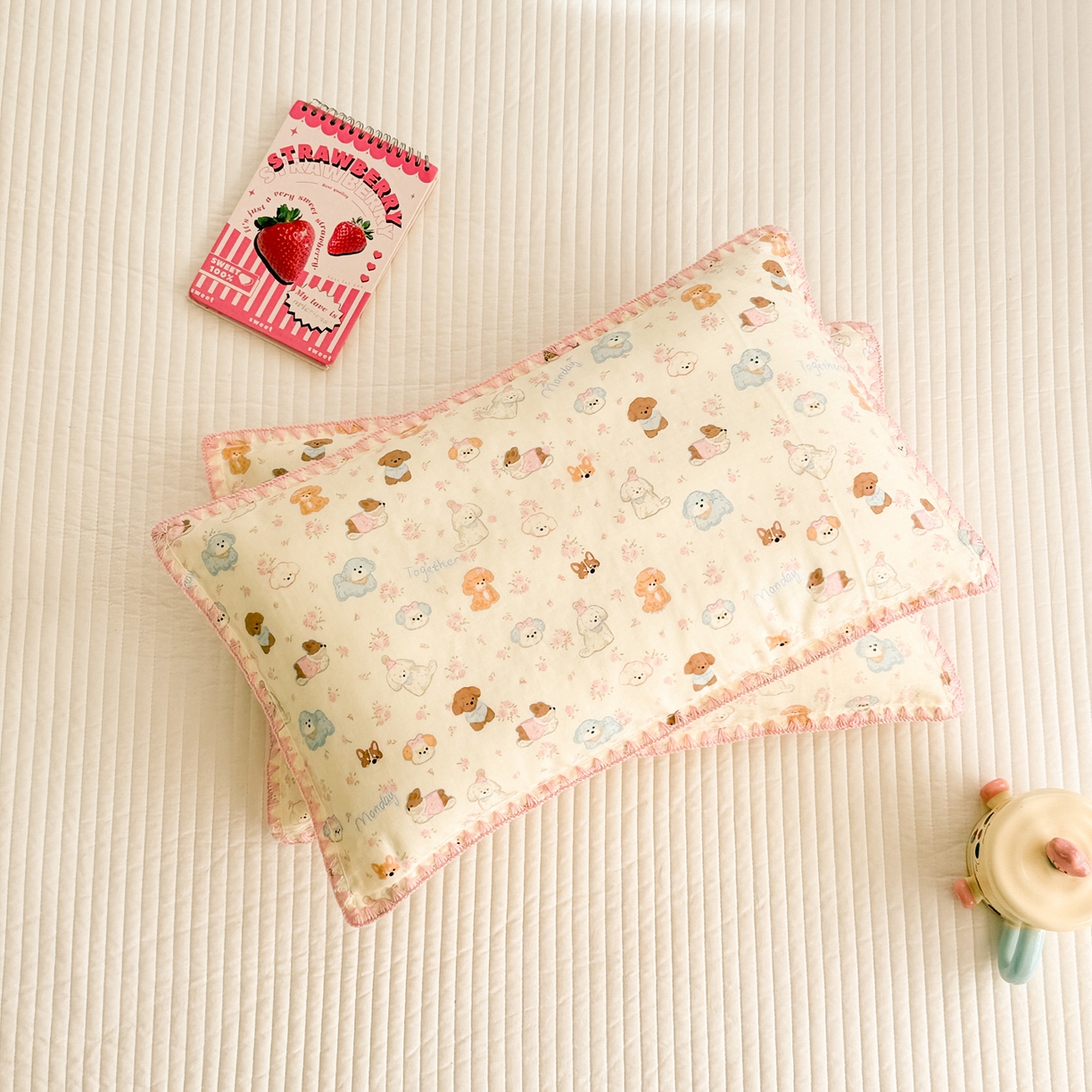 91家纺网 家纺一手货源 找家纺 呗旺鹿 2026新款A类全棉纯棉双层纱儿童枕头套纯棉枕芯内胆套 泡芙狗