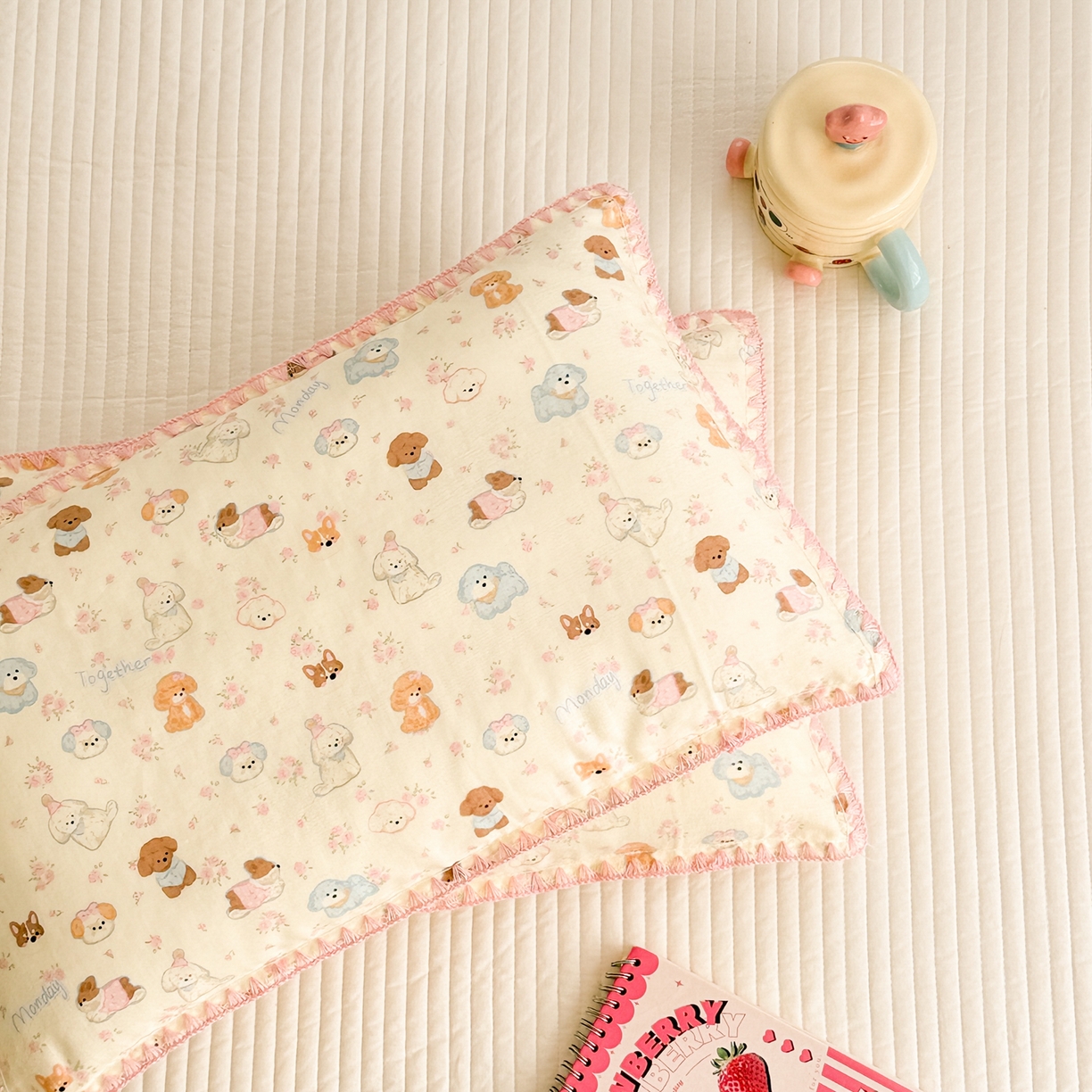 91家纺网 家纺一手货源 找家纺 呗旺鹿 2026新款A类全棉纯棉双层纱儿童枕头套纯棉枕芯内胆套 泡芙狗