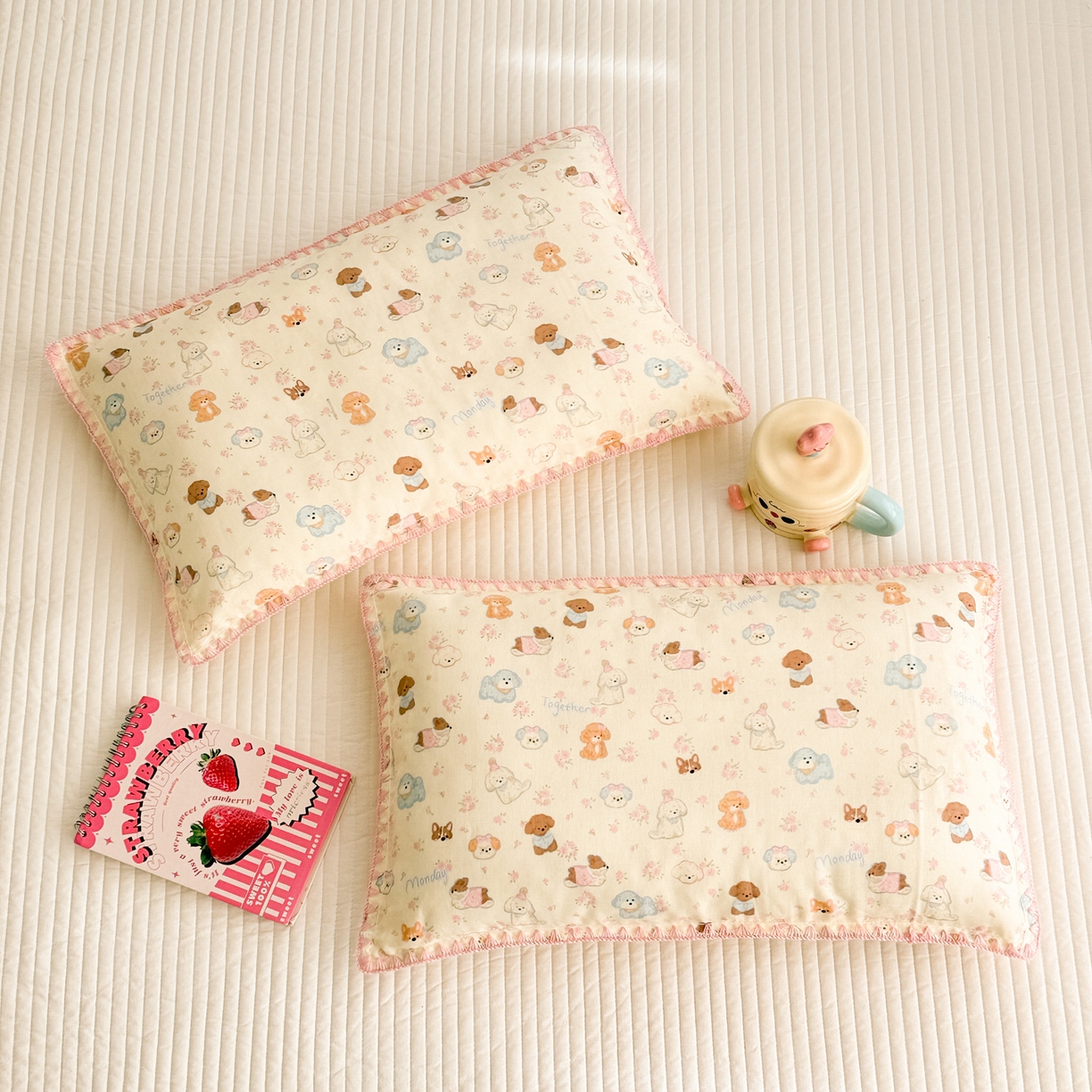 91家纺网 家纺一手货源 找家纺 呗旺鹿 2026新款A类全棉纯棉双层纱儿童枕头套纯棉枕芯内胆套 泡芙狗