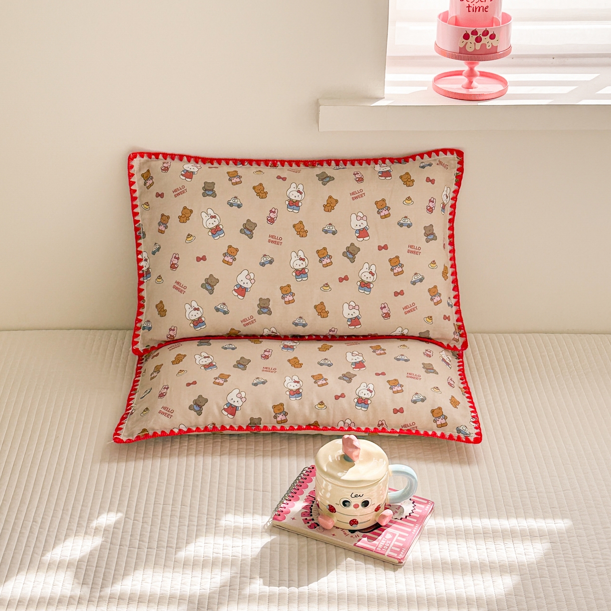 91家纺网 家纺一手货源 找家纺 呗旺鹿 2026新款A类全棉纯棉双层纱儿童枕头套纯棉枕芯内胆套 甜熊兔