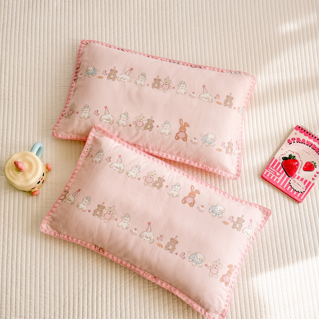 91家纺网 家纺一手货源 找家纺 呗旺鹿 2026新款A类全棉纯棉双层纱儿童枕头套纯棉枕芯内胆套 萌萌动物园粉