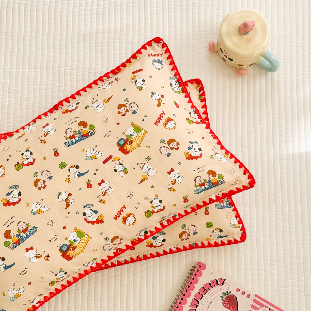 91家纺网 家纺一手货源 找家纺 呗旺鹿 2026新款A类全棉纯棉双层纱儿童枕头套纯棉枕芯内胆套 查理派对