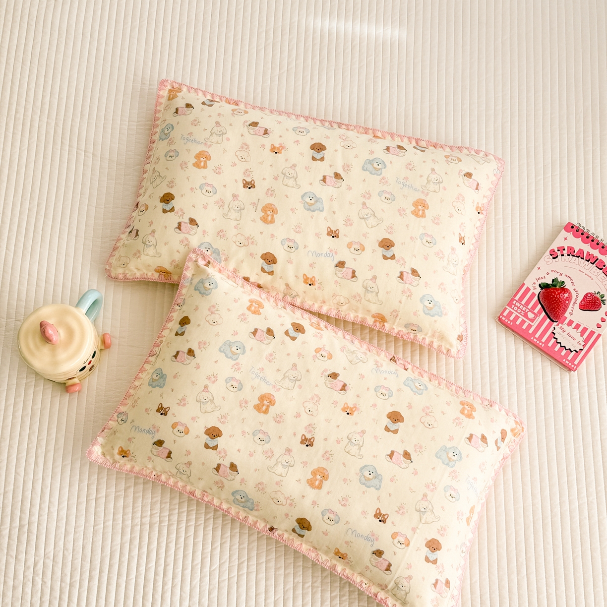 91家纺网 家纺一手货源 找家纺 呗旺鹿 2026新款A类全棉纯棉双层纱儿童枕头套纯棉枕芯内胆套 泡芙狗