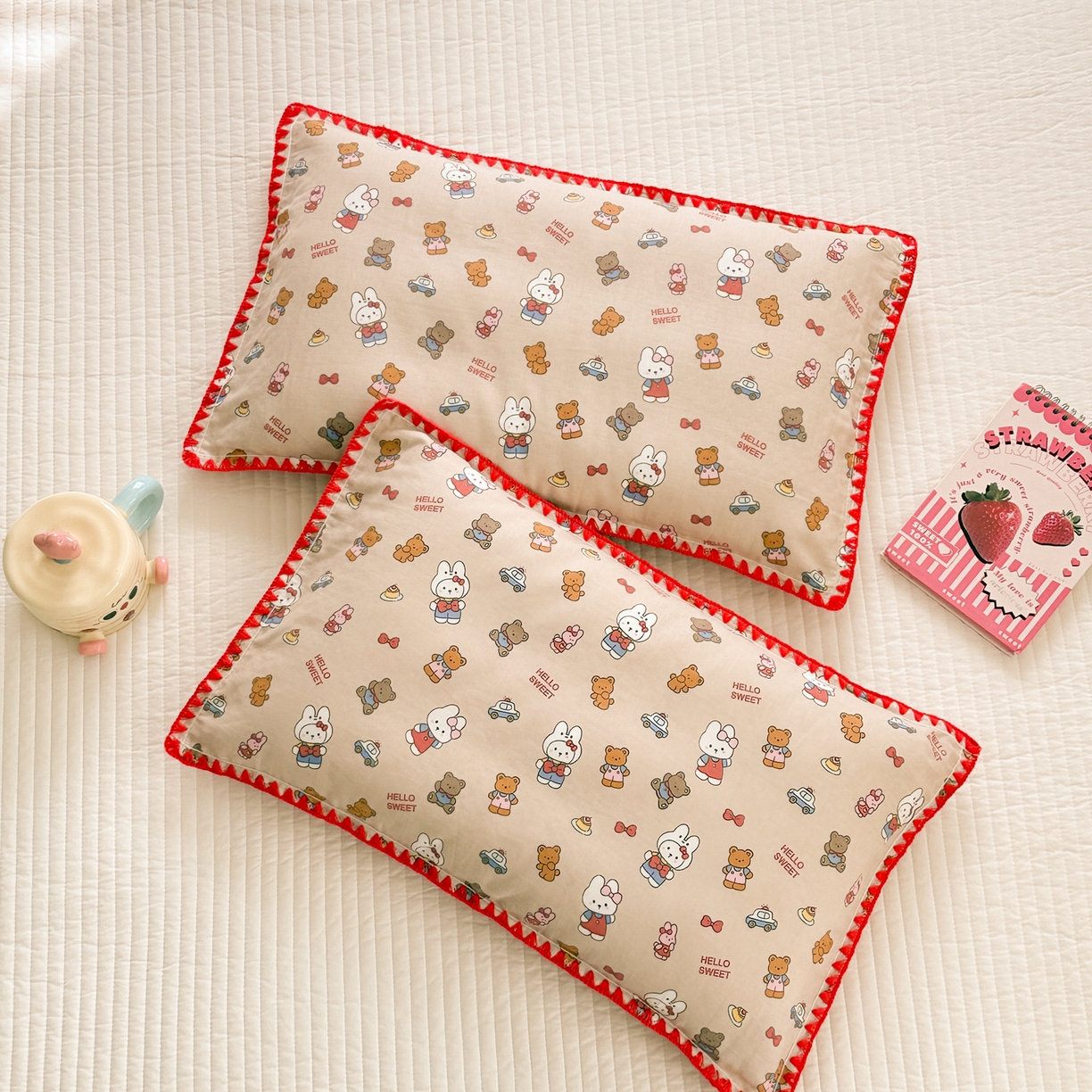 91家纺网 家纺一手货源 找家纺 呗旺鹿 2026新款A类全棉纯棉双层纱儿童枕头套纯棉枕芯内胆套 甜熊兔