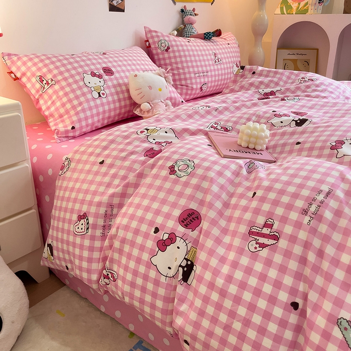 91家纺网 家纺一手货源 找家纺 朵希曼 2026新款正版授权全棉纯棉三丽鸥系列四件套 粉格凯蒂