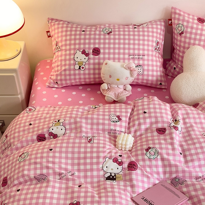 91家纺网 家纺一手货源 找家纺 朵希曼 2026新款正版授权全棉纯棉三丽鸥系列四件套 粉格凯蒂