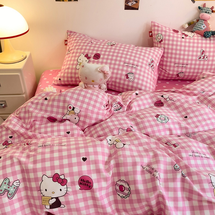 91家纺网 家纺一手货源 找家纺 朵希曼 2026新款正版授权全棉纯棉三丽鸥系列四件套 粉格凯蒂