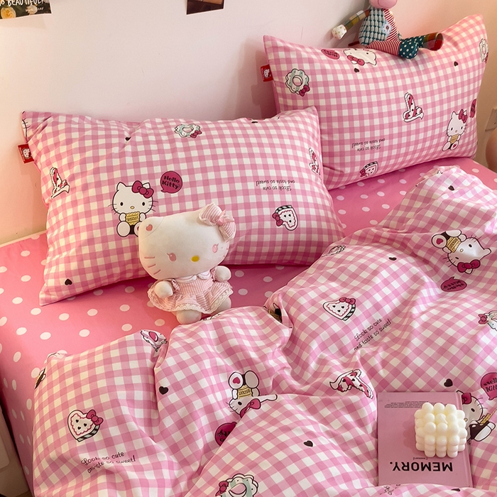 91家纺网 家纺一手货源 找家纺 朵希曼 2026新款正版授权全棉纯棉三丽鸥系列四件套 粉格凯蒂