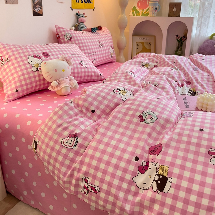 91家纺网 家纺一手货源 找家纺 朵希曼 2026新款正版授权全棉纯棉三丽鸥系列四件套 粉格凯蒂