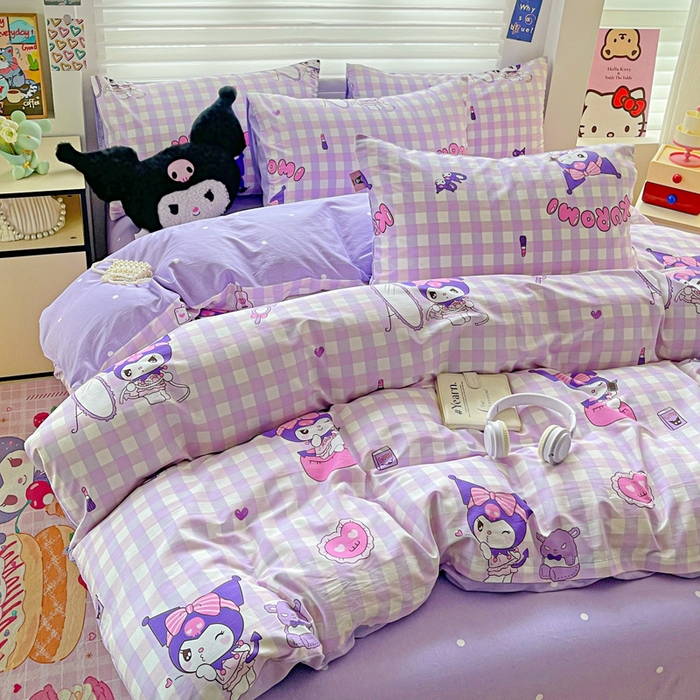 91家纺网 家纺一手货源 找家纺 朵希曼 2026新款正版授权全棉纯棉三丽鸥系列四件套 格子库洛米