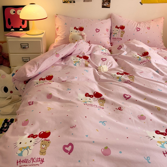 91家纺网 家纺一手货源 找家纺 朵希曼 2026新款正版授权全棉纯棉三丽鸥系列四件套 气球凯蒂