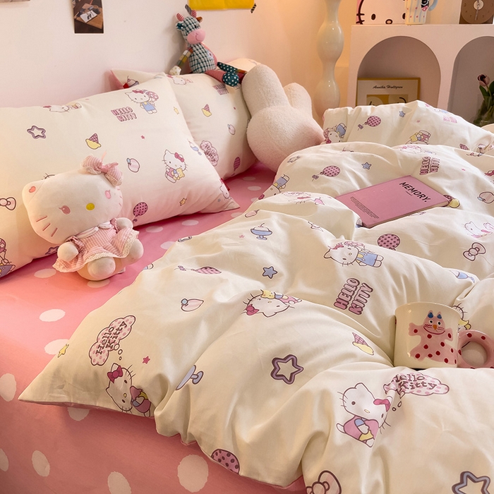 91家纺网 家纺一手货源 找家纺 朵希曼 2026新款正版授权全棉纯棉三丽鸥系列四件套 甜筒凯蒂