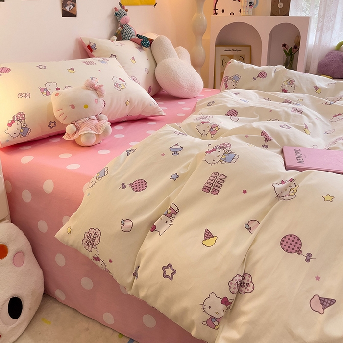 91家纺网 家纺一手货源 找家纺 朵希曼 2026新款正版授权全棉纯棉三丽鸥系列四件套 甜筒凯蒂