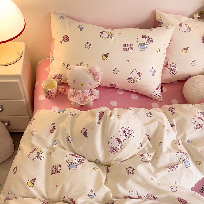 91家纺网 家纺一手货源 找家纺 朵希曼 2026新款正版授权全棉纯棉三丽鸥系列四件套 甜筒凯蒂