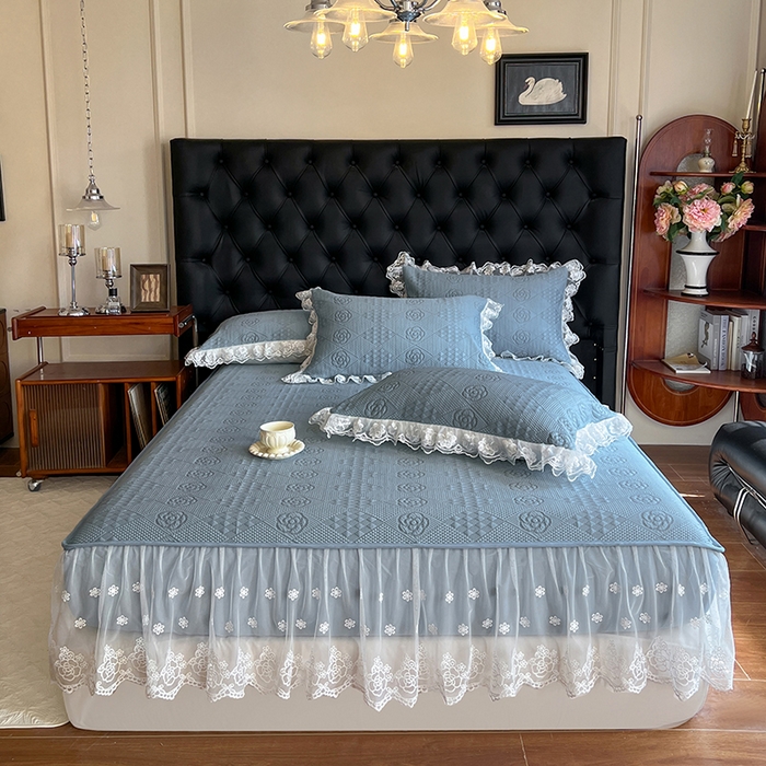 网红馆（ck家纺） 2026新款床笠式床裙豆豆冰凉席-瑞莎 烟雾蓝