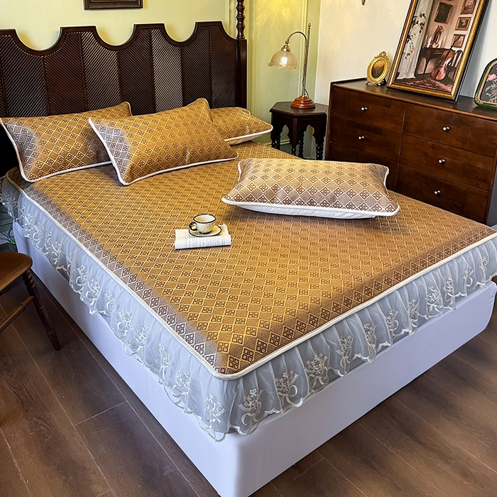 91家纺网 家纺一手货源 找家纺 网红馆（ck家纺） 2026新款床笠式花边冰藤席-夏之语 茶色