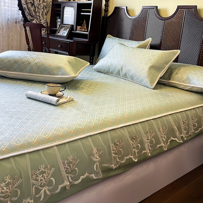 91家纺网 家纺一手货源 找家纺 网红馆（ck家纺） 2026新款床笠式花边冰藤席-夏之语 豆青