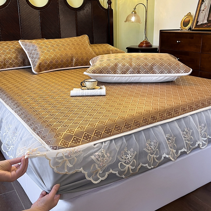 91家纺网 家纺一手货源 找家纺 网红馆（ck家纺） 2026新款床笠式花边冰藤席-夏之语 茶色