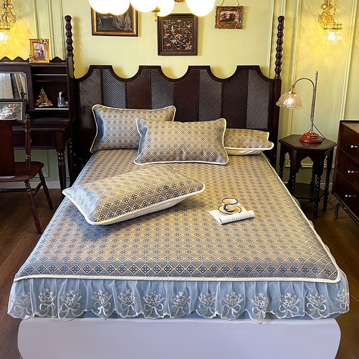 网红馆（ck家纺） 2026新款床笠式花边冰藤席-夏之语 花青