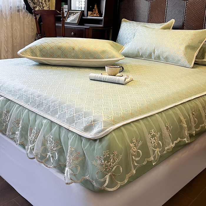 91家纺网 家纺一手货源 找家纺 网红馆（ck家纺） 2026新款床笠式花边冰藤席-夏之语 豆青