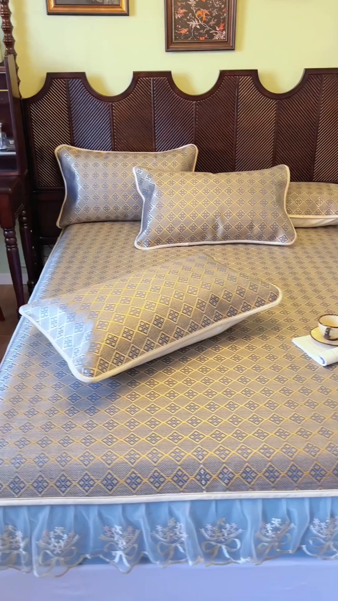 91家纺网 家纺一手货源 找家纺 网红馆（ck家纺） 2026新款床笠式花边冰藤席-夏之语 花青