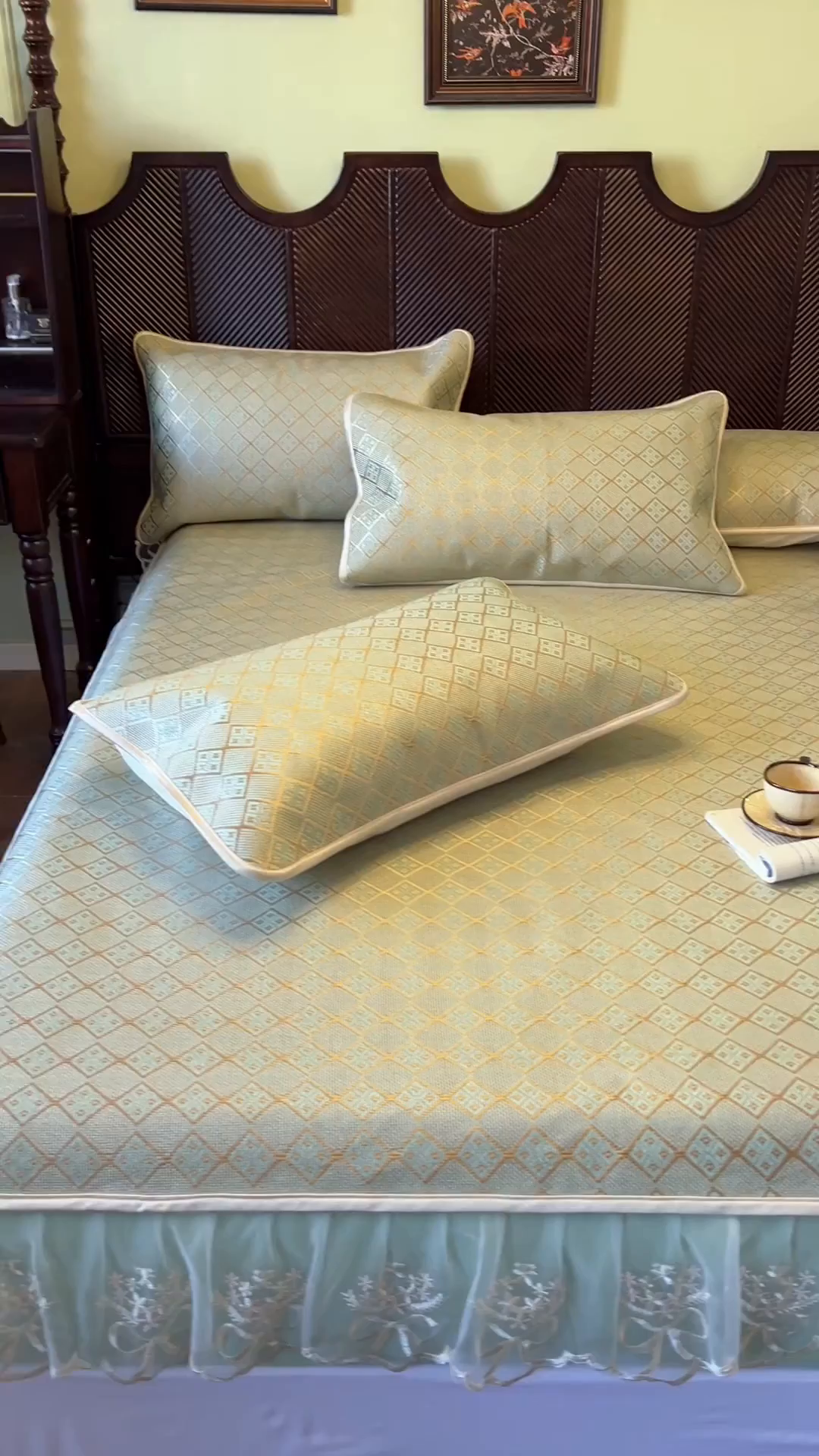 91家纺网 家纺一手货源 找家纺 网红馆（ck家纺） 2026新款床笠式花边冰藤席-夏之语 豆青