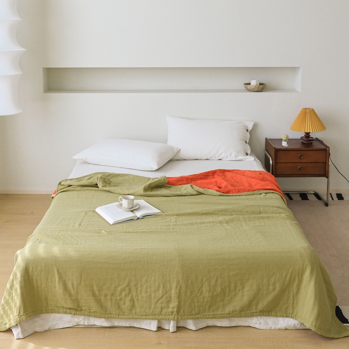 朴尔家纺-毛巾被 2026春夏新款 ins风纯色双拼风全棉纯加厚超柔四层纱布毛巾被夏被夏凉被空调被 纯色双拼-茶绿配红