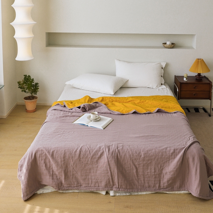 朴尔家纺-毛巾被 2026春夏新款 ins风纯色双拼风全棉纯加厚超柔四层纱布毛巾被夏被夏凉被空调被 纯色双拼-奶咖配黄