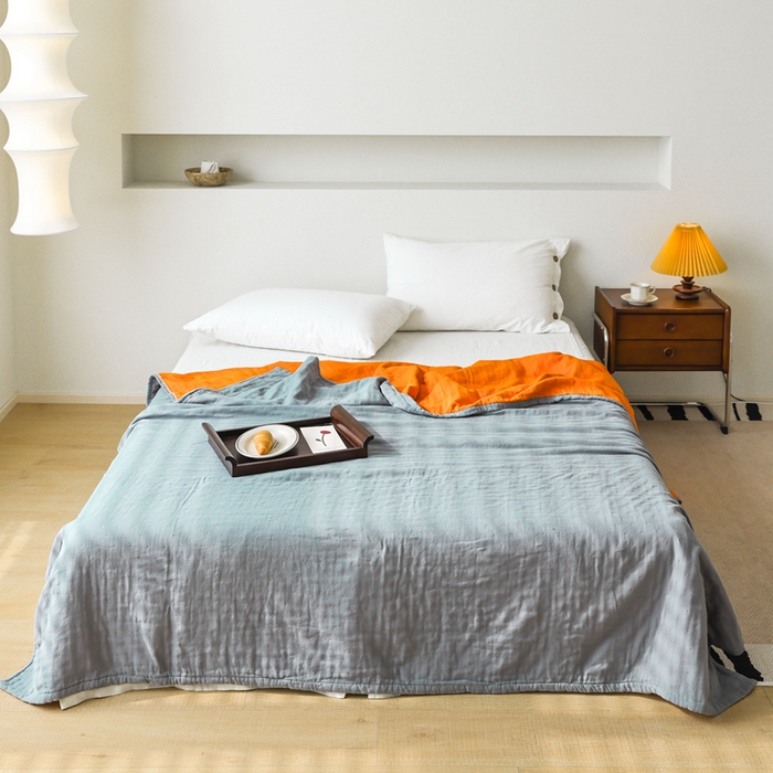 朴尔家纺-毛巾被 2026春夏新款 ins风纯色双拼风全棉纯加厚超柔四层纱布毛巾被夏被夏凉被空调被 纯色双拼温蓝配橘