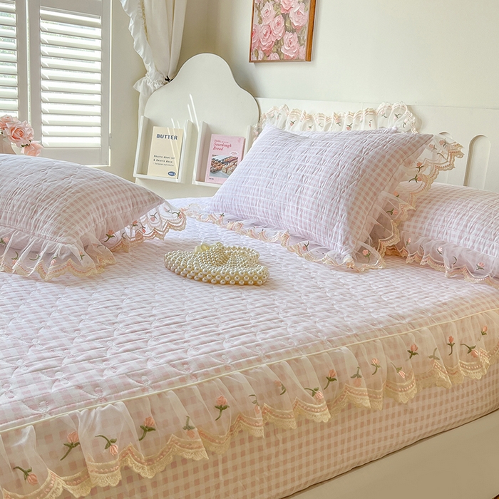 91家纺网 家纺一手货源 找家纺 网红馆（ck家纺） 2026新款水洗棉印花床笠三件套 粉格格