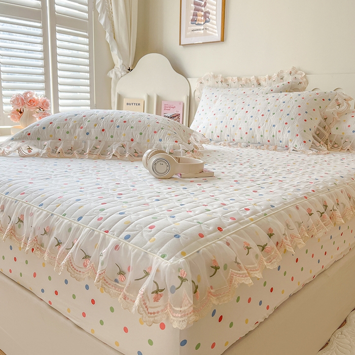 91家纺网 家纺一手货源 找家纺 网红馆（ck家纺） 2026新款水洗棉印花床笠三件套 奶油波点