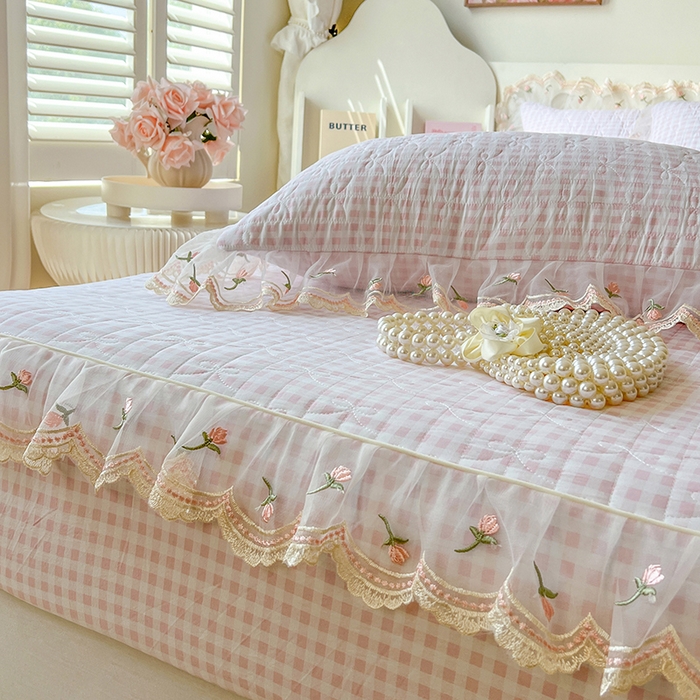 91家纺网 家纺一手货源 找家纺 网红馆（ck家纺） 2026新款水洗棉印花床笠三件套 粉格格