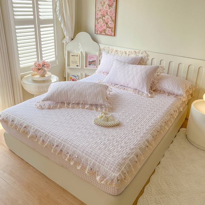 91家纺网 家纺一手货源 找家纺 网红馆（ck家纺） 2026新款水洗棉印花床笠三件套 粉格格