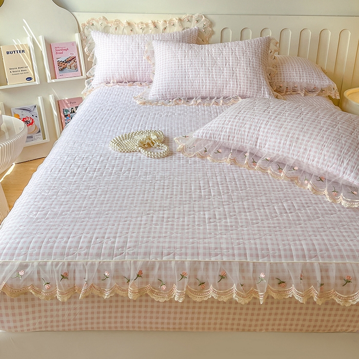 91家纺网 家纺一手货源 找家纺 网红馆（ck家纺） 2026新款水洗棉印花床笠三件套 粉格格