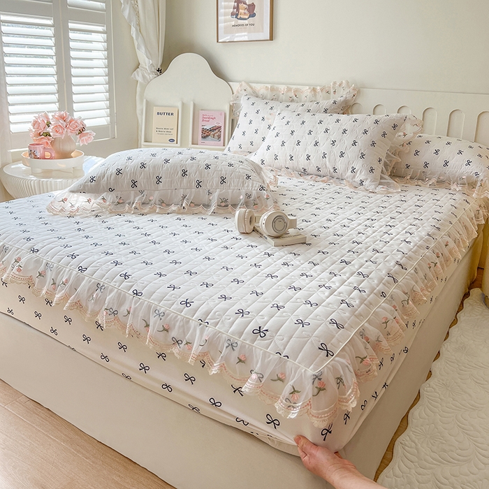 网红馆（ck家纺） 2026新款水洗棉印花床笠三件套 蝴蝶结