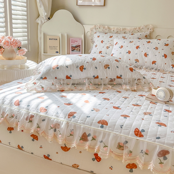 91家纺网 家纺一手货源 找家纺 网红馆（ck家纺） 2026新款水洗棉印花床笠三件套 蘑菇乐园