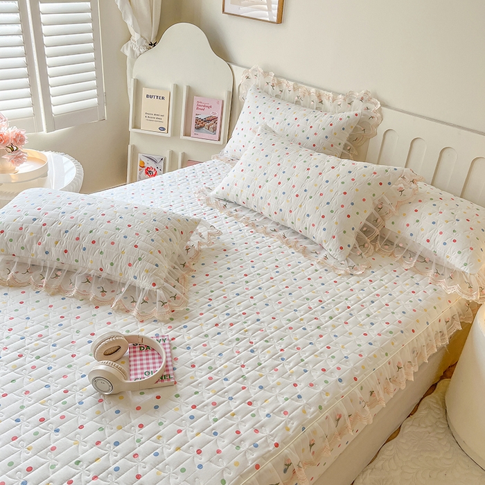 91家纺网 家纺一手货源 找家纺 网红馆（ck家纺） 2026新款水洗棉印花床笠三件套 奶油波点