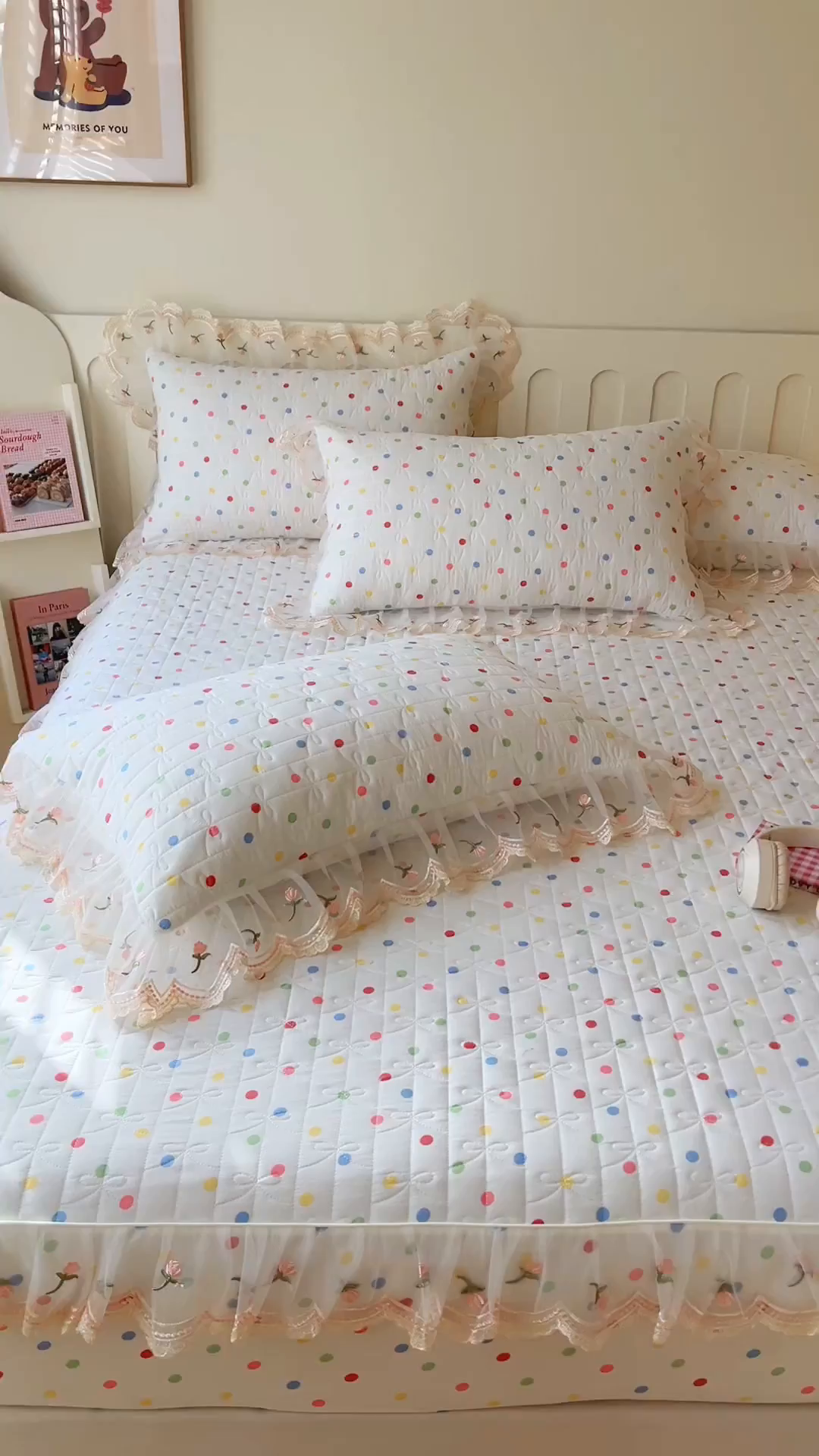 91家纺网 家纺一手货源 找家纺 网红馆（ck家纺） 2026新款水洗棉印花床笠三件套 奶油波点