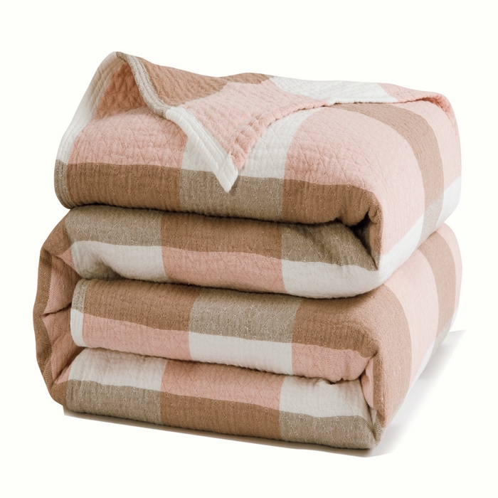 91家纺网 家纺一手货源 找家纺 朴尔家纺-毛巾被 2026春夏新款全尺寸经典六层纱布全棉纯棉毛巾被系列夏被夏凉被空调被 日式大格-粉