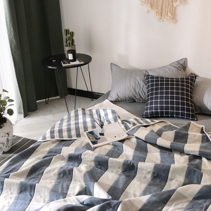 91家纺网 家纺一手货源 找家纺 朴尔家纺-毛巾被 2026春夏新款全尺寸经典六层纱布全棉纯棉毛巾被系列夏被夏凉被空调被 日式大格-蓝