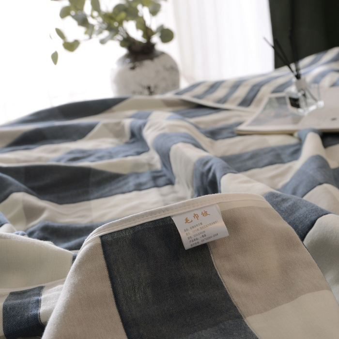 91家纺网 家纺一手货源 找家纺 朴尔家纺-毛巾被 2026春夏新款全尺寸经典六层纱布全棉纯棉毛巾被系列夏被夏凉被空调被 日式大格-蓝