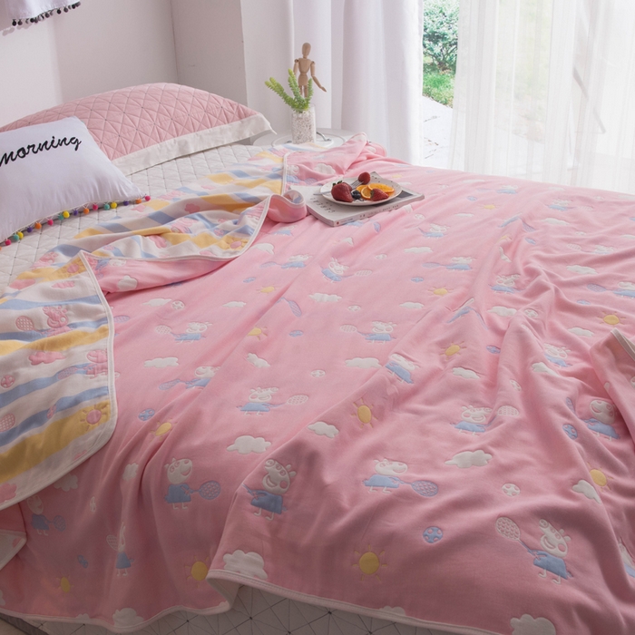 91家纺网 家纺一手货源 找家纺 朴尔家纺-毛巾被 2026春夏新款全尺寸经典六层纱布全棉纯棉毛巾被系列夏被夏凉被空调被 小猪琪琪-粉