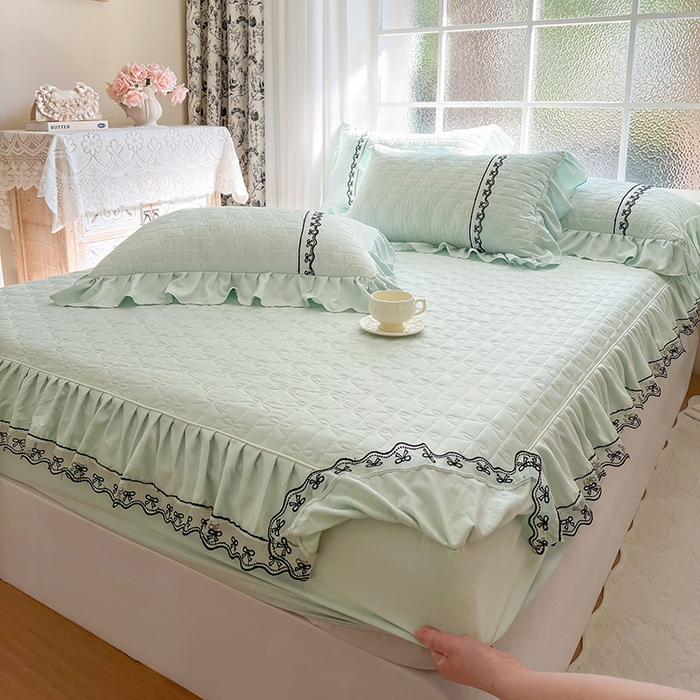 91家纺网 家纺一手货源 找家纺 网红馆（ck家纺） 2026新款喜芙棉蕾丝夹棉蜜芙蕾床笠 豆蔻绿